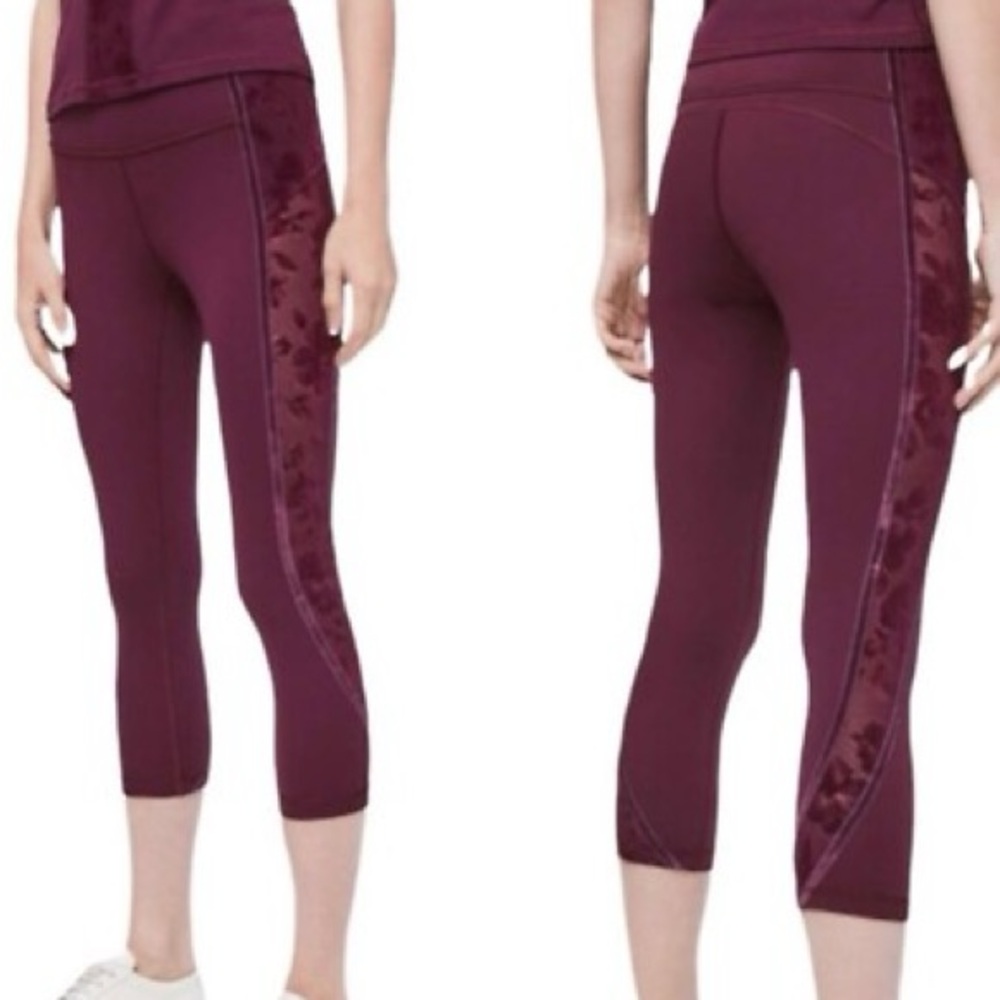 Lululemon Wunder Under Crop HR Flocked Lace Velvet Burgundy Leggings Size 6